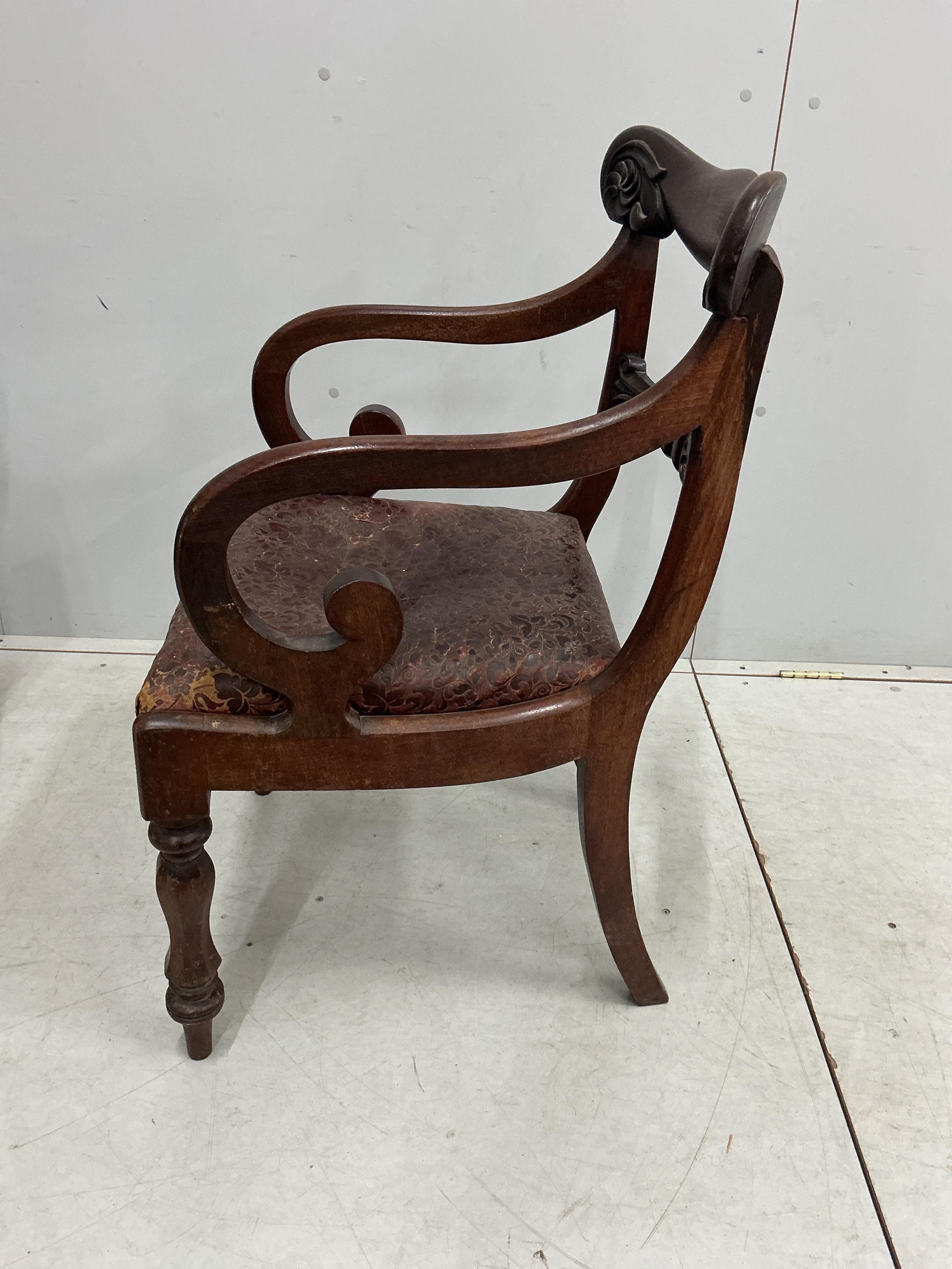 A pair of William IV mahogany elbow chairs, width 53cm, depth 46cm, height 87cm